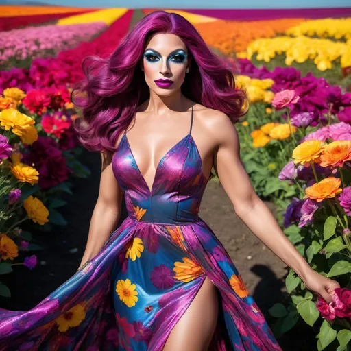 Prompt: (Gorgeous muscular 25-year-old French drag queen walking through a field of vibrant colored flowers), (flowing summer dress just above the knees), basking in the warm sunlight, surrounded by a dazzling array of flowers in full bloom, dark smoky eyeshadow,  dark lipstick, vivid colors like magenta, yellow, and blue, clear blue sky above, cheerful ambiance, high-resolution 4K imagery, capturing the blissful essence of a perfect summer day.