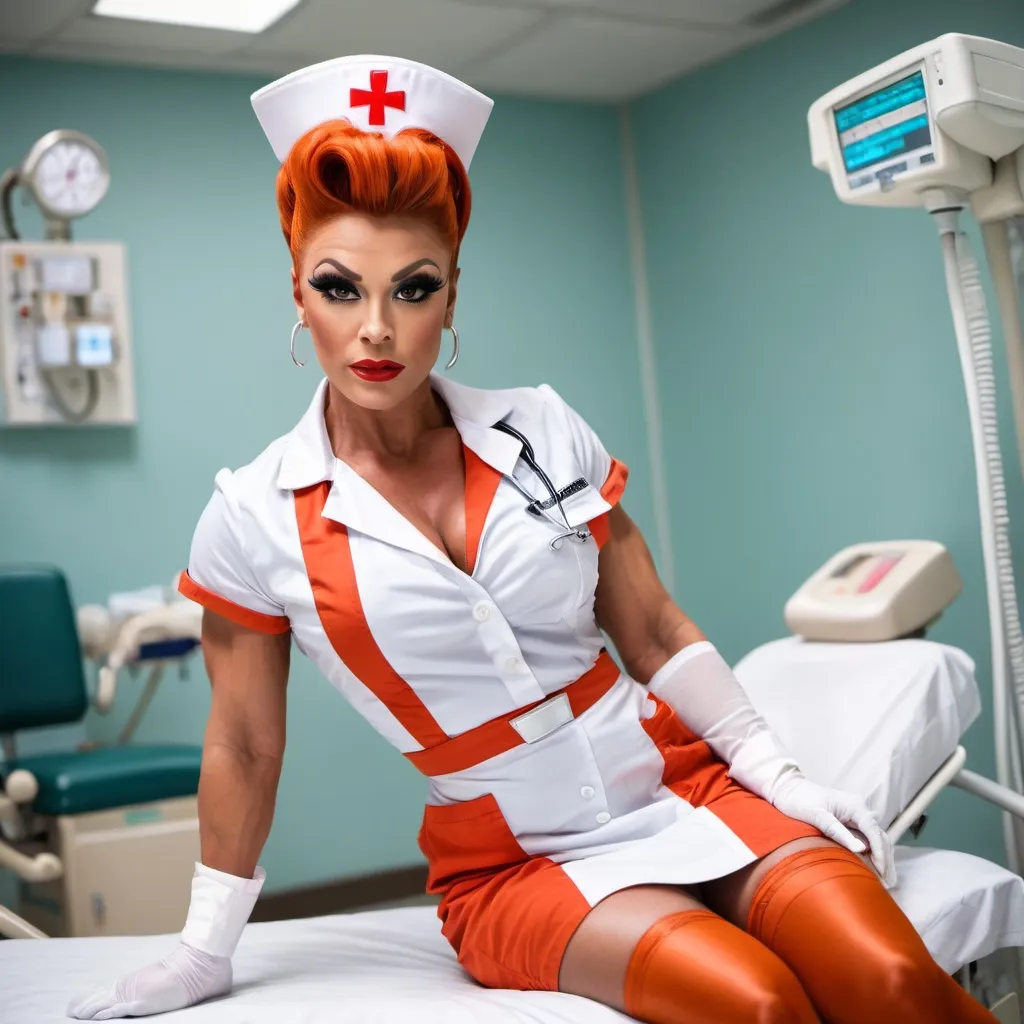 Prompt: Gorgeous muscular drag queen bodybuilder dressed as a nurse, age 25, long very dark orange tight updo hair, WHITE nurses uniform, WHITE nylon stockings, 8 inch stiletto high heel shoes sitting in a emergency room in a hospital, showing legs