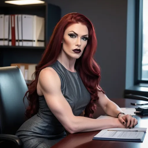 Prompt: Gorgeous, muscular, transwoman (with very strong masculine jawline) with long luscious dark red hair, dark eye makeup,  and dark lipstick wearing a beautiful designer  business dress and heels. Sitting confidently at a desk in an office