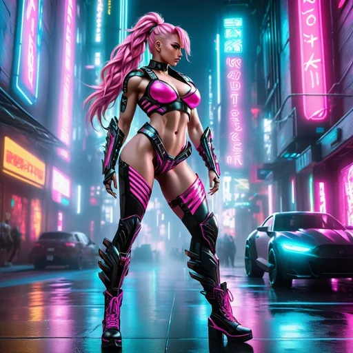 Prompt: 64k UHD detailed digital photograph of a gorgeous ultra-muscular 25-year-old Norse goddess bodybuilder with ridiculously long wavy pink braided ponytail, cyberpunk outfit, 8 inch stiletto high heel shoes,unreal engine 5, hip hop punk style, perfect autonomy body shape, muscular yet slim, detailed muscular structure, intense and authoritative gaze, futuristic Nordic setting, cool and edgy atmosphere, detailed armor with cybernetic enhancements, glowing holographic elements, high-res, ultra-detailed, anime, hip hop punk, futuristic, detailed muscles, urban setting, Victorian Nordic, powerful stance, professional, dynamic lighting