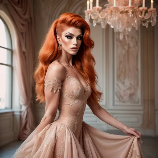 Prompt: (Gorgeous ultra-muscular 25-year-old Italian drag queen bodybuilder with dark orange mullet hairstyle dressed in a delicate Valentino dress), ethereal elegance, soft flowing fabric, intricate lace details, graceful pose, capturing a moment of poise, muted colors with gentle pastel tones, background featuring an opulent setting, dreamy ambiance, ultra-detailed, high quality, focusing on fashion artistry, bringing forth luxury and sophistication.