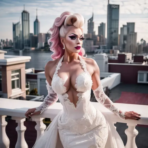 Prompt: Gorgeous ultra-muscular 25-year-old Finnish drag queen bodybuilder with ridiculously long wavy platinum pink updo hairstyle wearing an elegant white wedding dress, standing on the balcony of her luxurious mansion overlooking the city skyline. She has dark eye makeup and dark red lipstick. The gown features delicate lace detailing along its bodice and halter neckline, complemented by sheer sleeves that accentuate her figure's curves. Her pose is confident yet graceful as she gazes out at the horizon, embodying grace and elegance in timeless beauty in the style of a classic painting