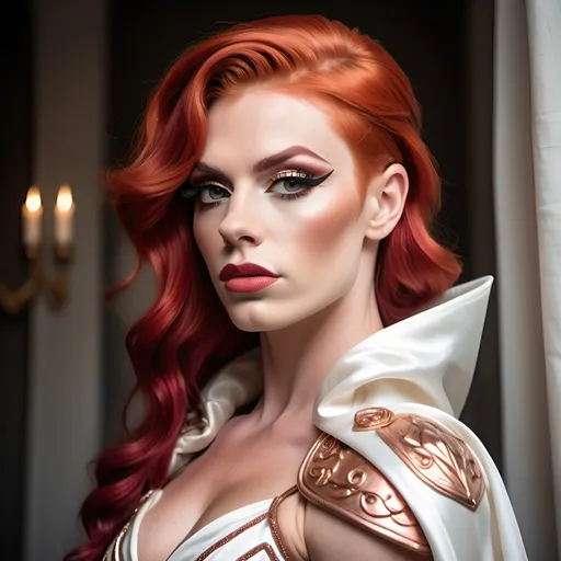 Prompt: Gorgeous muscular 25-year-old Czechian drag queen bodybuilder (with strong masculine jawline and brow) with bright red hair, wearing a regal tunic, ivory white, with armor sewn into the fabric. Cascading cape, draping from the shoulder lapel. Cottage core aesthetic. Delicate rose gold detailing.