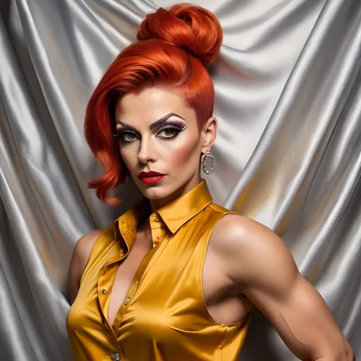 Prompt: oil painting of gorgeous muscular 35-year-old Bulgarian drag queen with a (bright red bun hairstyle), wearing an (elegant sleeveless mustard button-up blouse) and (off-white fancy pants), strikes a (modeling pose) near a perfectly designed silver aesthetic wall and multicolored curtain, Captured in a (low angle shot), showcasing her (detailed features). 