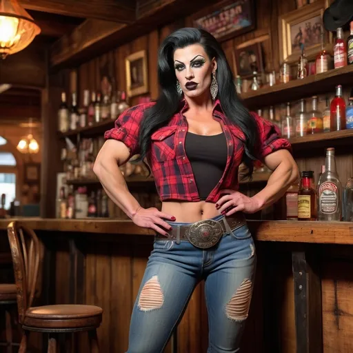 Prompt: Gorgeous (ultra-muscular) 25-year-old Hungarian drag queen bodybuilder with waist-length (black) hair, dark eyeshadow, 
dark lipstick, wearing a flannel shirt, cut-off jean shorts, 8 inch stiletto high heel boots, standing in a vibrant western saloon, engaging in lively conversation. (Warm, rustic tones), illuminated by dramatic lighting, detailed wooden decor, and classic saloon elements, depicting an energetic and entertaining atmosphere. High-quality (4K), ultra-detailed environment.