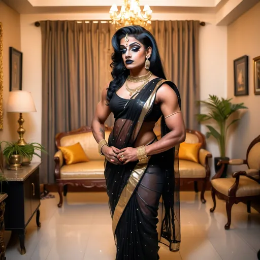 Prompt: Gorgeous, muscular, 25-year-old Indian drag queen housewife bodybuilder (with dark eyeshadow and dark lipstick) wearing a transparent black cocktail saree, full body, looking shy and scared, gold anklets, gold waist chain, gold nose ring, vermilion in hair, docile. Standing in a lavish living room