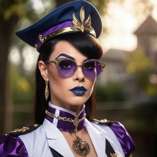 Prompt: Create a highly detailed AI defined image of a highly attractive 35-year-old drag queen college student (with very strong masculine jawline and brow features) in a fantasy uniform, big busom, wearing sunglasses, inspiring lustful uniform, classic makeup, at a unique fantasy school, 
wide landscape lense, ISO 500, Aperture f/22, APS-C, Splash art, dark fantasy art, stunning bokeh, cinematic lighting and scale, super detailed, 64k, high quality perfect lighting, perfect shadows.