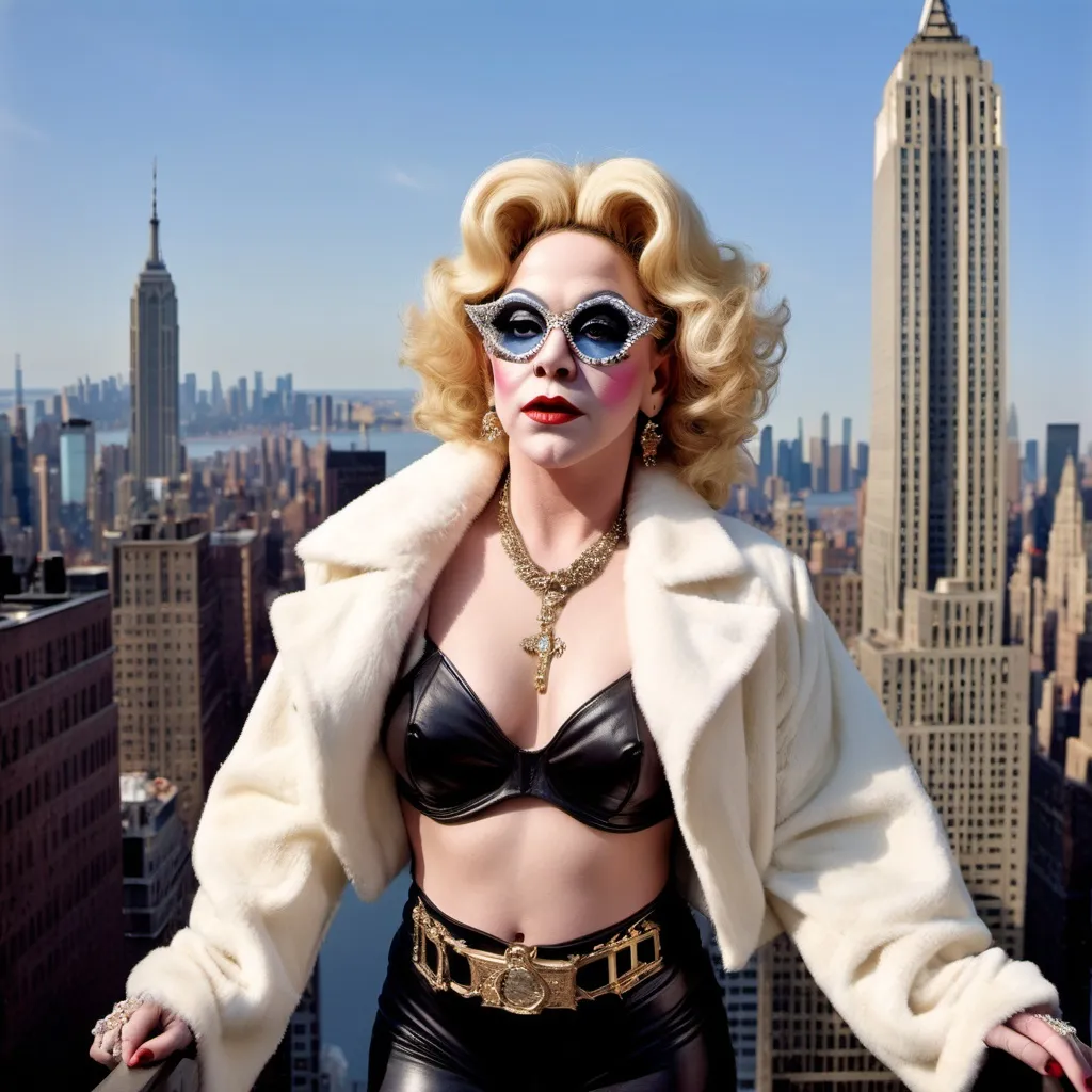 Prompt: Elton John dressed as a 25-year-old gorgeous drag queen Madonna posing on the ledge of a building, high above NYC.