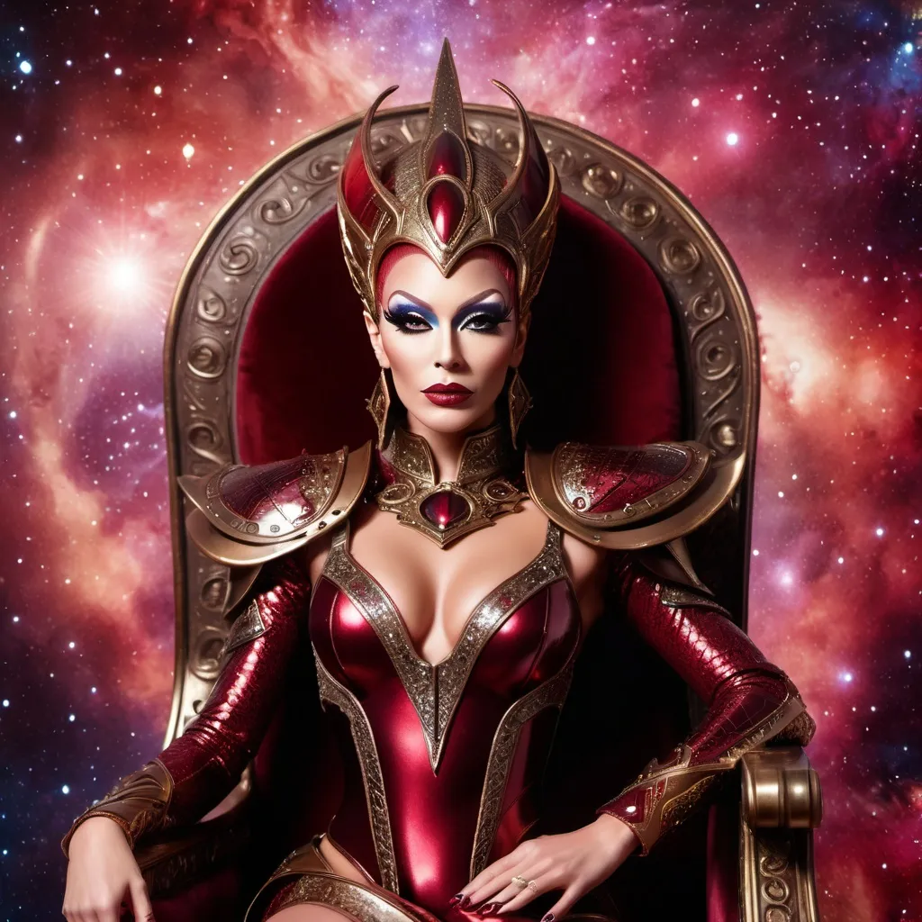 Prompt: Gorgeous alien drag queen in dark red and Bronze armir and 8 inch stiletto high heels. Posing in her throne room with a vision of the galaxy behind her.