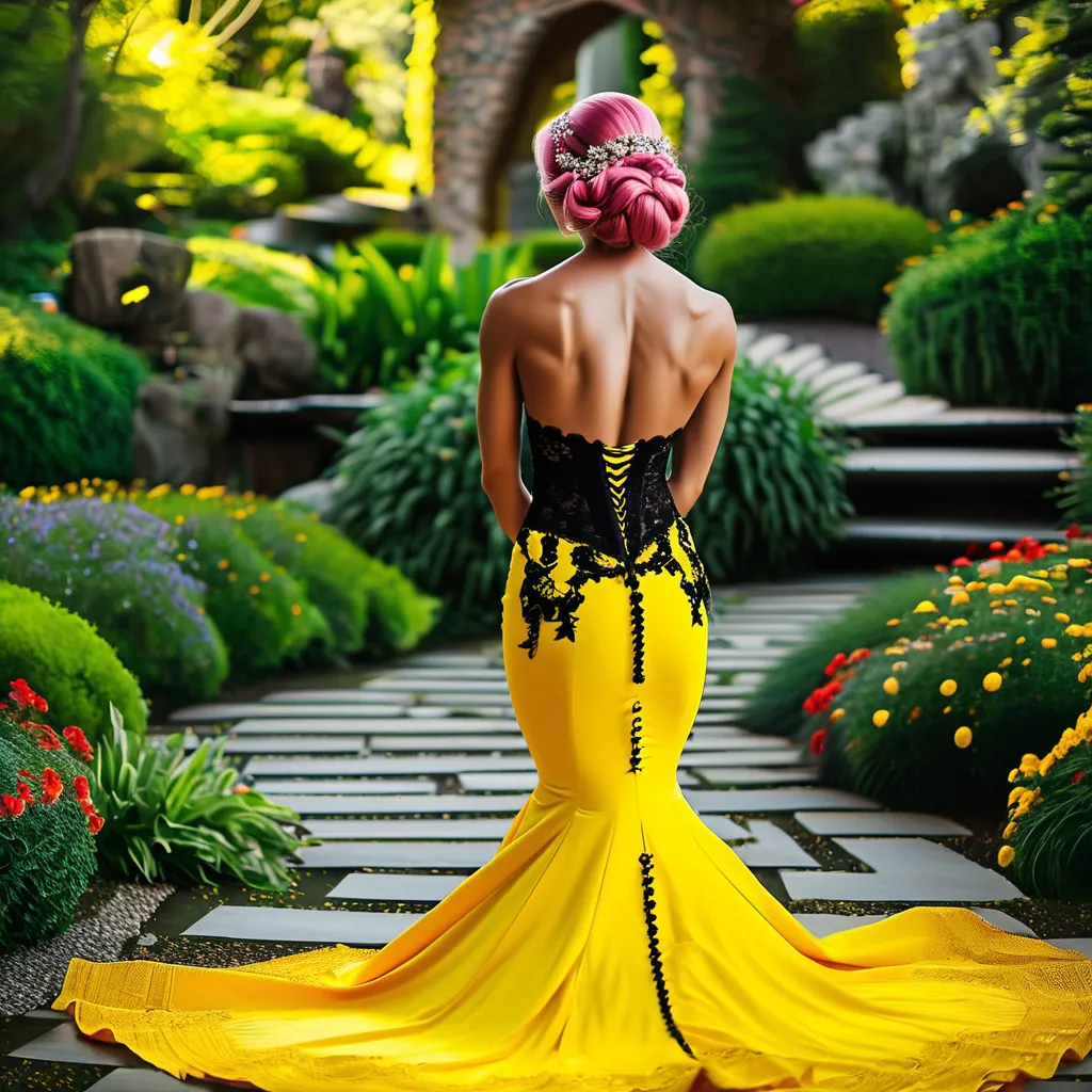 Prompt: Gorgeous ultra-muscular 25-year-old Swedish female goddess bodybuilder with huge busom and pink hair in a yellow mermaid wedding dress that has black lace appliques on the widest parts of the dress, but not on the top. Posing in a beautiful botanical garden.