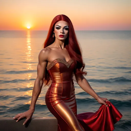 Prompt: The most beautiful ultra-muscular 18-year-old white French drag queen bodybuilder with very long dark red hair wearing a conservative yet classy evening dress and 8 inch stiletto high heel shoes posing near the ocean at sunset.