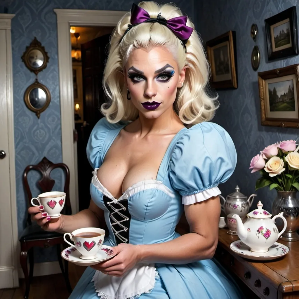 Prompt: Gorgeous ultra-muscular 25-year-old well endowed British drag queen (strong masculine jawline and brow features) with dark eyeshadow,  dark lipstick, and ridiculously short shiny platinum blonde hair dressed as Alice in Wonderland, and 8 inch stiletto high heel shoes.  Holding a cup of tea in a quaint cottage.