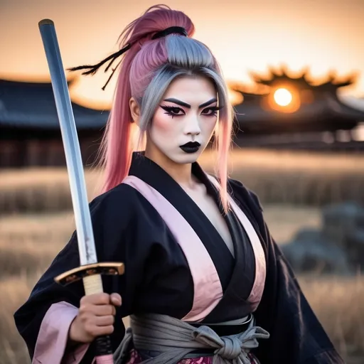 Prompt: A gorgeous muscular 21-year-old Japanese drag queen Samurai (dark eye makeup, dark lipstick, big busom, and platinum pink hair) wearing a traditional ancient Samurai yoroi and holding a katana in one hand, standing in a battle stance. 13th century Japan at sunset.
