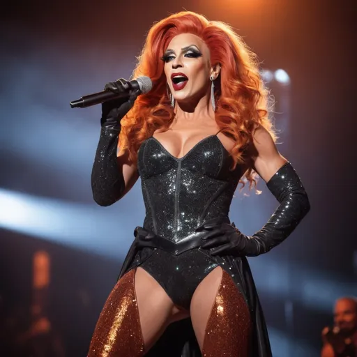 Prompt: Gorgeous muscular 35-year-old caucasian superstar drag queen (strong masculine jawline and brow features) with long flowing bright orange hair, dark eyeshadow, and dark red lipstick. Glittery sparkly knee-high sliver high heel boots.  Singing at a big concert 