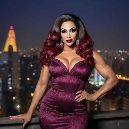 Prompt: Gorgeous muscular 35-year-old Egyptian drag queen bodybuilder with big busom, dark eyeshadow, dark burgundy lipstick, and long wavy dark hair with highlights, wearing a (Miu Miu dress), high fashion, chic and stylish, elegant silhouette, luxurious fabric texture, (vibrant color patterns), soft, muted lighting providing a dreamy atmosphere, backdrop of a glamorous cityscape, intricate details on dress design, (ultra-detailed), (4K), stunning visual presentation, evoking a sense of sophistication and modernity.