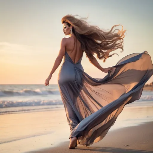 Prompt: Classy gorgeous 25-year-old Portuguese drag queen bodybuilder with huge busom, ridiculously long wavy flowing hair (((blowing in the wind))) wearing and extremely long backless sheer gown walking barefoot on the beach at sunset. Composition focus on dress.