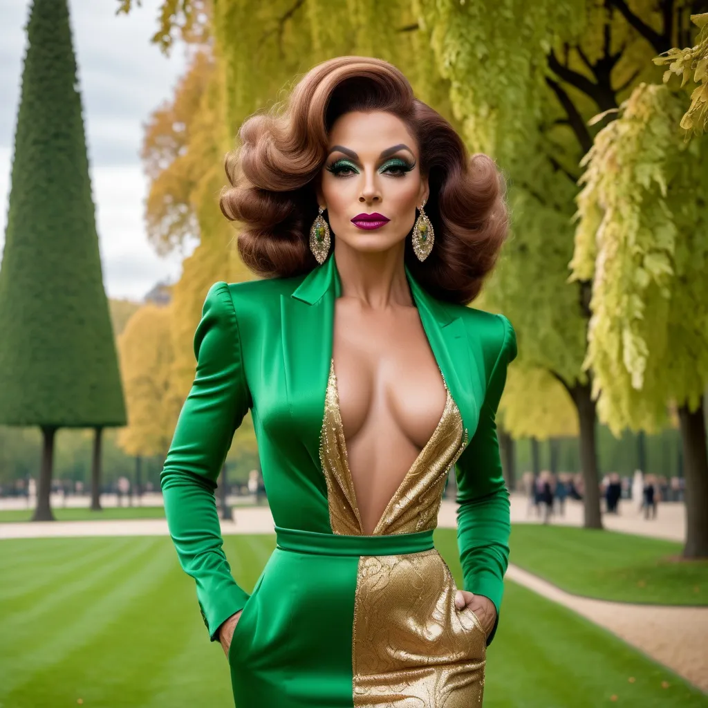 Prompt: Haute couture 35-year-old French drag queen bodybuilder model in a retro 1970s outfit, retro hair style, elegant and sophisticated full body pose, luxurious fabric with rich textures, sitting in the park in Paris, high-end fashion photography