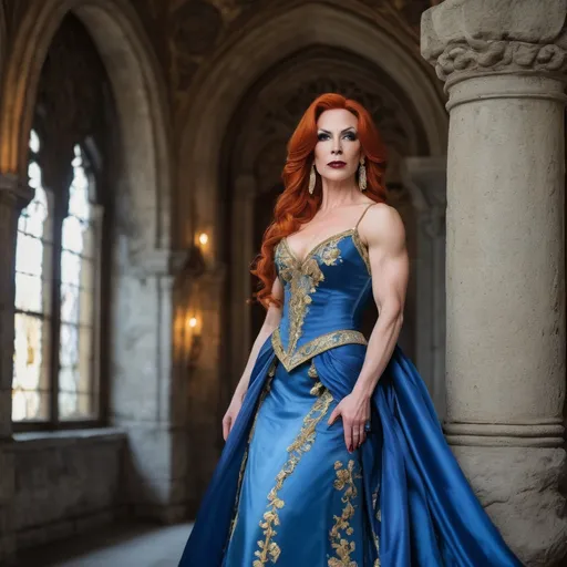 Prompt: A gorgeous muscular 35-year-old Swedish drag queen bodybuilder  (with big busom, dark lipstick, full lips, dark orange hair) in a flowing Blue satin silk gown with gold embroidery, ballroom of a medieval castel, Anton Pieck style, medieval fantasy, intricate patterns, ornate cloth, royal attire, detailed realistic clothing folds, lush greenery, soft pastel tones, romantic lighting, professional, ultra-detailed, fantasy, medieval, satin gown, palace garden, Anton Pieck style, ornate architecture, lush greenery, romantic lighting, royal attire, intricate patterns, soft pastel tones, flowing fabric, professional lighting