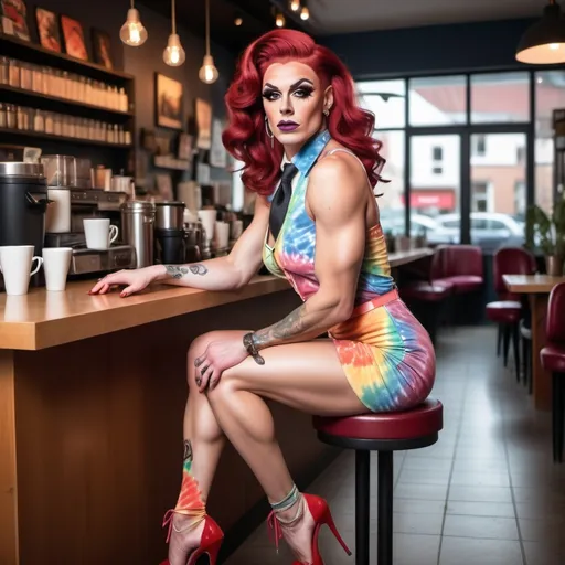 Prompt: A gorgeous muscular 25-year-old German drag queen (strong masculine jawline and brow) with dark red hair wearing a tie-dye cord set and 8 inch stiletto high heel shoes, in a coffee shop
