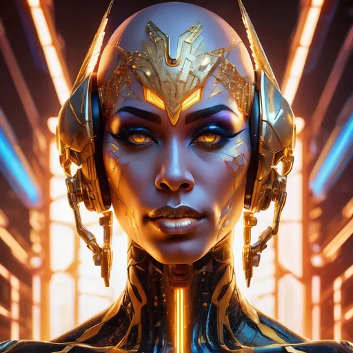 Prompt: A hyper-realistic portrait of a futuristic muscular cybernetic drag queen (with masculine strong jawline) whose face is symmetrically divided into a glowing, biomechanical side and a human, expressive side. The cybernetic side is composed of intricate gold and orange circuitry with shards and glowing fragments, while the human side features soft skin with subtle highlights reflecting blue ambient light. The black background is a soft blur of a few neon orange and blue-green lights, creating a cinematic high-tech atmosphere. The composition emphasises her piercing green eyes and the detailed textures of skin and metal. The lighting is a dynamic mix of warm and cool tones, adding depth and drama to the scene. The mood is mysterious and ethereal, evoking both humanity and technological transcendence. Highly detailed, photorealistic rendering with an emphasis on depth of field and reflective surfaces.