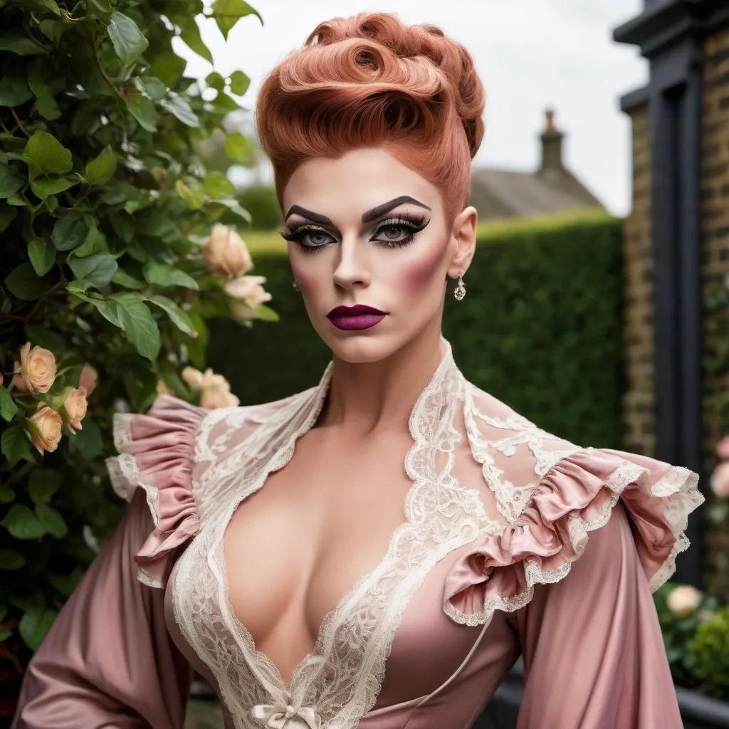 Prompt: Gorgeous muscular 25-year-old British drag queen ((strong masculine jawline and brow features)) wearing a tea-gown, year 1905. Garden patio. Lace. frills. realistic. pretty face