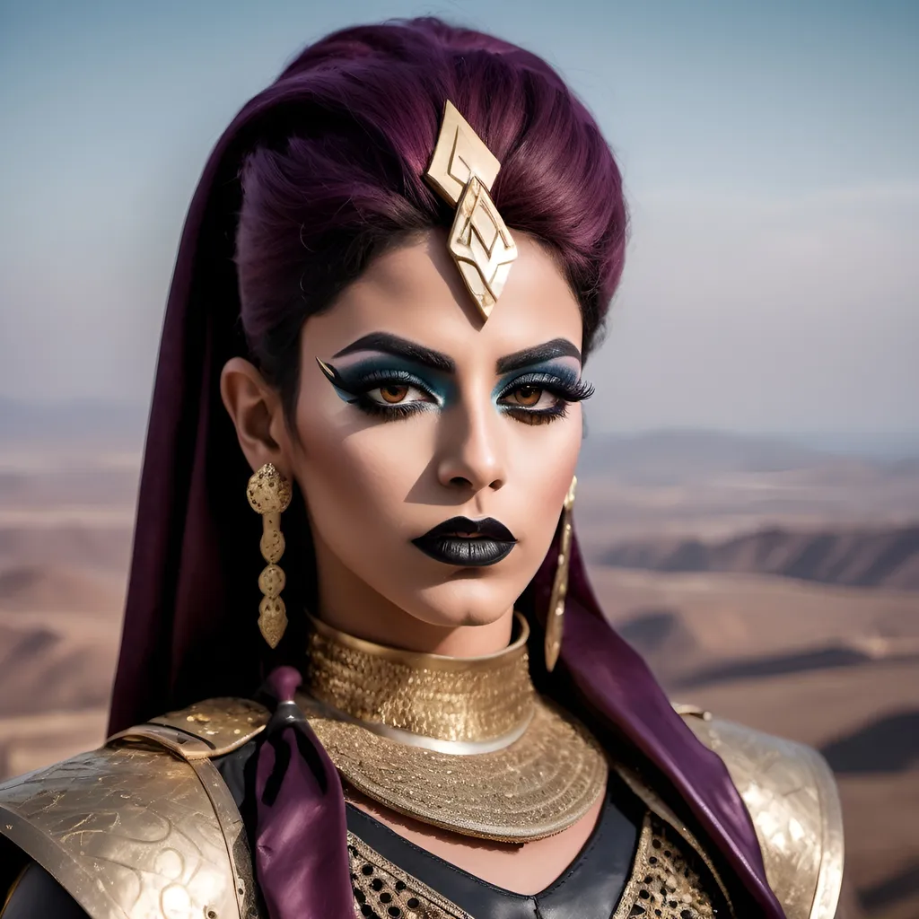 Prompt: Create a portrait photo of a young Arabic drag queen warrior chief with a serious expression, dark eye makeup and dark lipstick, standing on a hilltop overlooking a vast landscape. Use 50mm portrait photography to create a close-up and unique perspective, and capture the strength and determination in her eyes.