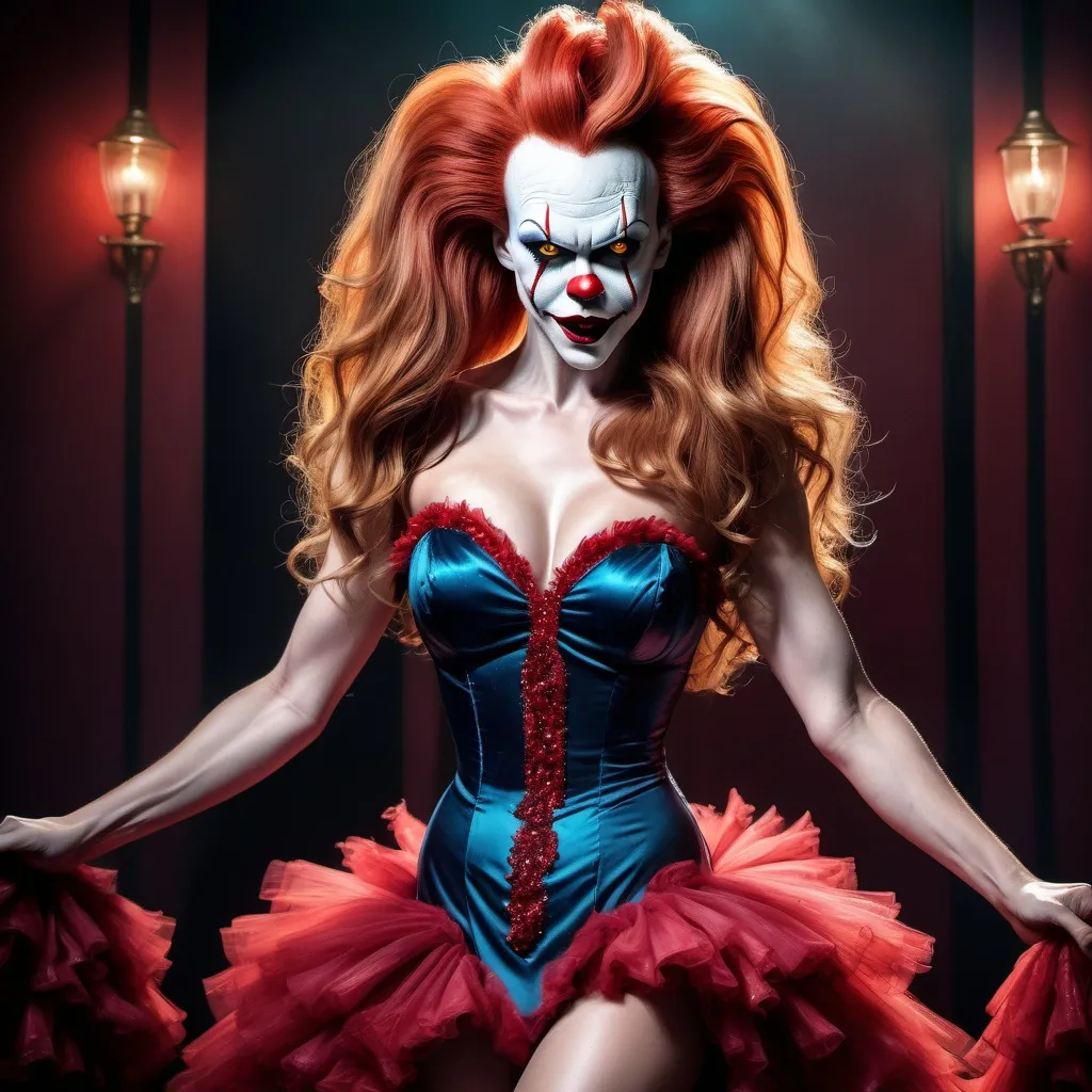 Prompt: Pennywise dressed up as a gorgeous ultra-muscular 25-year-old Czechian drag queen bodybuilder with very long hair and beautiful ballroom gown, 8 inch stiletto high heel shoes.