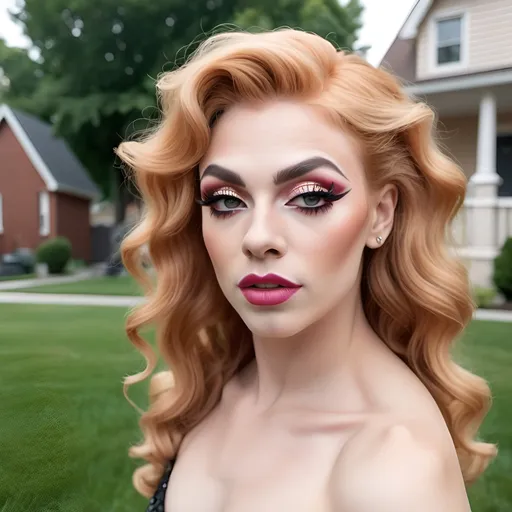 Prompt: Naive, beautiful,  girl-next-door drag queen (strong, masculine jawline and brow) with wavy strawberry-blonde hair, posing on the lawn in a nice neighborhood. 