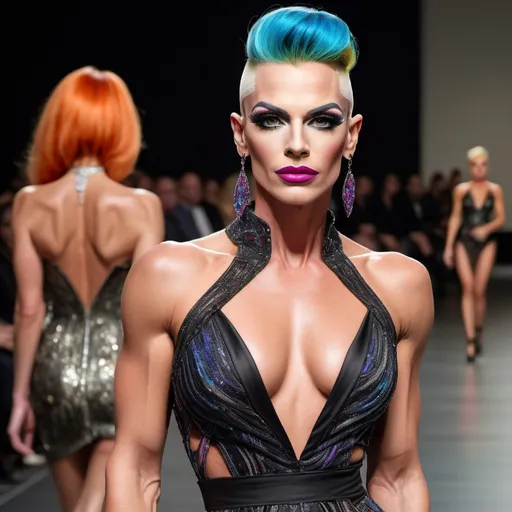 Prompt: Beautiful muscular 35-year-old European drag queen fashion model, intricate face (strong masculine jawline and brow), colorful hair, walking the runway, sophisticated cocktail dress, long shapely legs, black shoes, 8k photo, fashion show, high quality, elegant, detailed eyes, sophisticated, runway walk, colorful hair, professional attire, fashionable, high definition, vibrant atmosphere