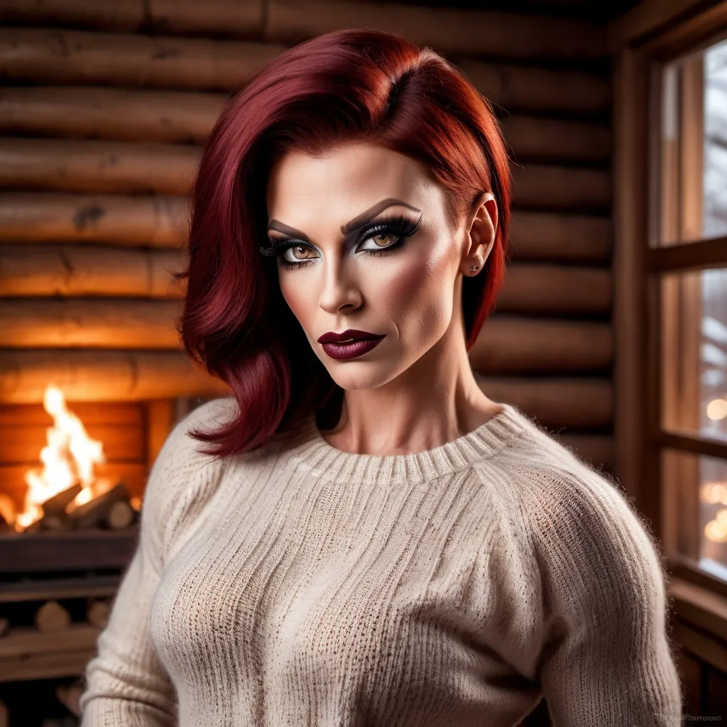 Prompt: Extremely beautiful, muscular 35-year-old Russian drag queen, detailed very short stylish dark red hair, flawless skin, dark eye makeup, dark lipstick, detailed eyes, natural beauty, very strong masculine jawline, form-fitting seasonal sweater, cozy modern log cabin interior background, winter season, realistic professional photography, high quality, detailed, realistic, cozy, ginger, long hair, flawless skin, candid moment, modern log cabin, seasonal sweater, detailed eyes, natural beauty, professional photography, winter season, cozy lighting