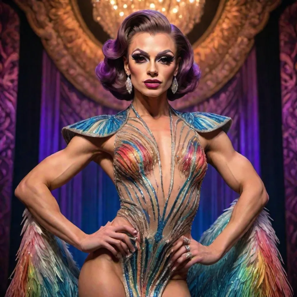 Prompt: image of a (muscular body) gorgeous 25-year-old Czechian drag queen wearing a flamboyant, yet conservative Bob Mackie designer Gown, hyper-realistic quality, ultra-detailed 4K imagery.