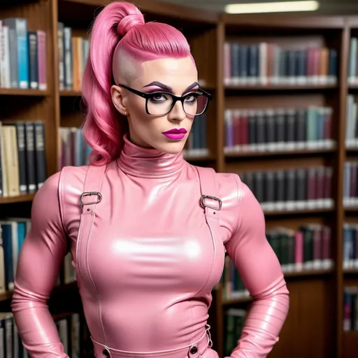 Prompt: Gorgeous muscular 25-year-old nerdy drag queen with long pink high & tight ponytail,((strong masculine jawline and brow features)), creased wrinkled shiny leather bib overalls with turtleneck, standing in a college library. 