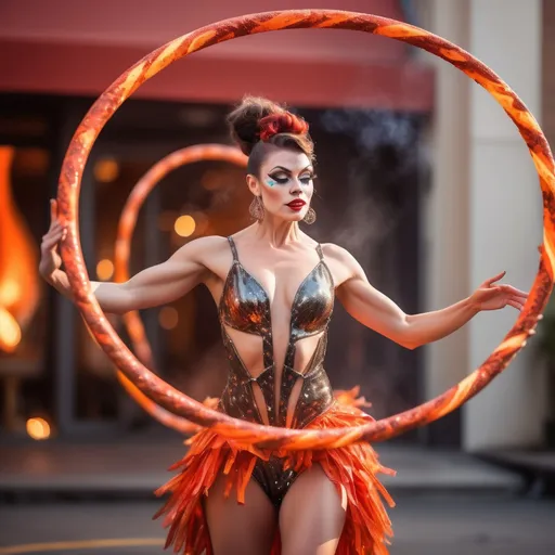 Prompt: Watercolor impressionist art, professional elegant circus stunning muscular 25-year-old French drag queen performer wearing intricate dance outfit playing a set of hula hoops made of lava elements and burning charcoal with elegant action on top of a building , and  a fire elements come out from inside her forming a orange and red trail of sparkling dress, illuminated bokeh twinkling glittery background. studio lighting. Mesmerizing and spectacular splendid performance. Masterpiece of art, thrilling and exciting to view from the audience.