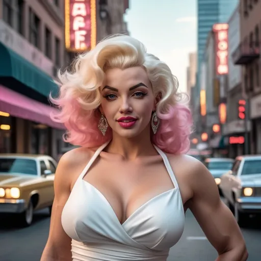 Prompt: Hyper-realistic fantasy image of a gorgeous ultra-muscular 25-year-old Macedonian drag queen bodybuilder (masculine jawline and brow facial features) with huge busom and ridiculously long flowing pink hair,  8 inch stiletto high heel shoes, walking in a white dress, Marilyn Monroe pause style, retro city setting, fine details, fictive, smiling, walking over an air vent, 8k, best quality, hyper-realistic, fantasy, retro, white dress, city setting, fine details, smiling, Marilyn Monroe style, air vent, walking