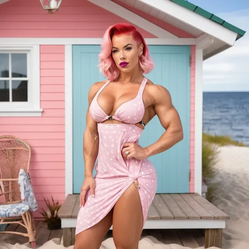 Prompt: Full body view gorgeous ultra-muscular 25-year-old Finnish goddess bodybuilder with huge busom wearing a sundress. Shee is wearing garter belt . She is wearing Red lipstick . She has ridiculously extr-long chic pink haircut. Posing by a beach cottage. 