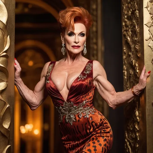 Prompt: Gorgeous muscular 55-year-old Hungarian drag queen bodybuilder with big busom, 
dark red matte lipstick, and short burnt orange hair, wearing a Roberto Cavalli dress, (luxurious designer fashion), stunning animal prints, exquisite embroidery details, showcase of intricate textures, flowing silhouette, elegant evening atmosphere, vibrant colors, dramatic lighting, (high fashion editorial style), ornate background with soft-focus elements, (4K ultra-detailed) craftsmanship, combining glamour and sophistication, perfect for a high-end photoshoot setting.