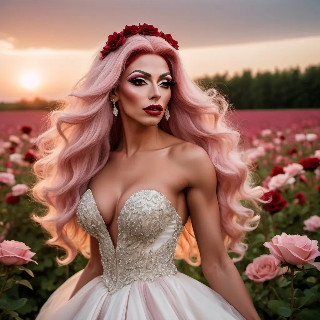 Prompt: In the middle of a flower field in the afternoon when sunset falls, the joyous gorgeous muscular 25-year-old Romanian drag queen (masculine jawline and brow facial features)bodybuilder bride with long flowing light pink hair, beautiful makeup, dark red lipstick, long muscular legs and large busom wearing a goreous Christos Costarellos wedding gown with long train, beautiful long flowing nylon veil and 8 inch stiletto high heel shoes, posing happily in a sunflower field. Ultra-detailed. 
