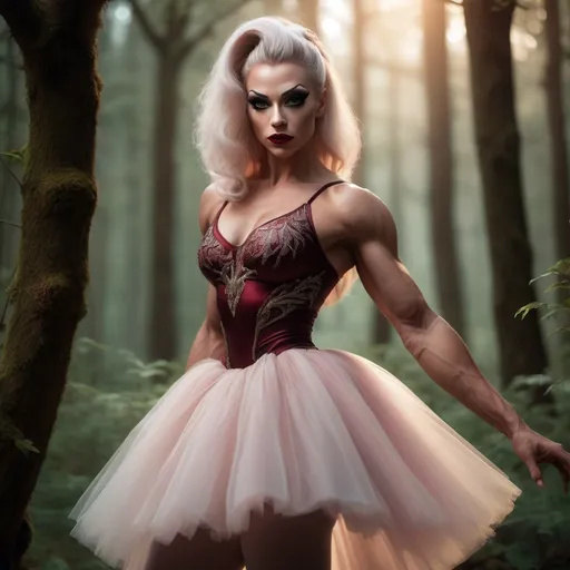 Prompt: (focused character gorgeous ultra-muscular 25-year-old Swedish drag queen bodybuilder), (elegant ballet pose), soft warm lighting, flowing pastel-colored tutu, enchanted forest background, delicate expression, intricate details in attire, dark eyeshadow,  dark red lipstick, immersive atmosphere, ethereal vibe, graceful movements, dreamy ambiance, intricate ballet shoes, glowing soft light filtering through trees, beautiful HD quality, atmospheric cinematic mastery