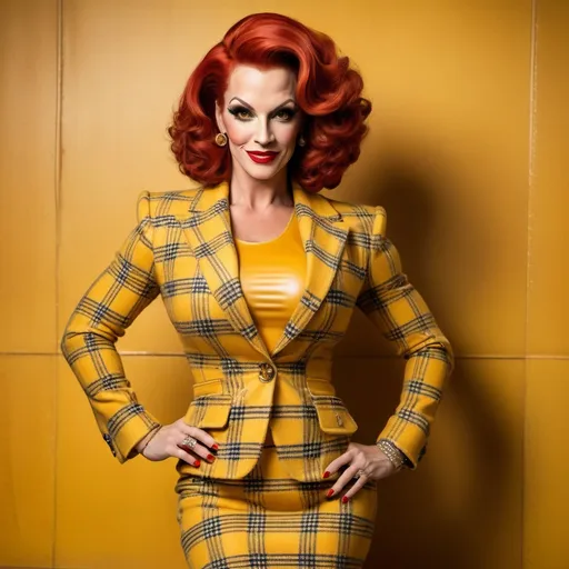 Prompt: Sophisticated art deco lounge, elegant gorgeous muscular 35-year-old French drag queen bodybuilder with large busom, muscular figure, curly red hair,  yellow plaid tweed jacket, yellow blouse, yellow pencil skirt, black 6 inch stiletto high heel boots, crowded scene, subtle smile, high-res photo, plump buxom physique, art deco, elegant, detailed facial features, realistic, sophisticated, busy setting, vibrant colors, professional photography