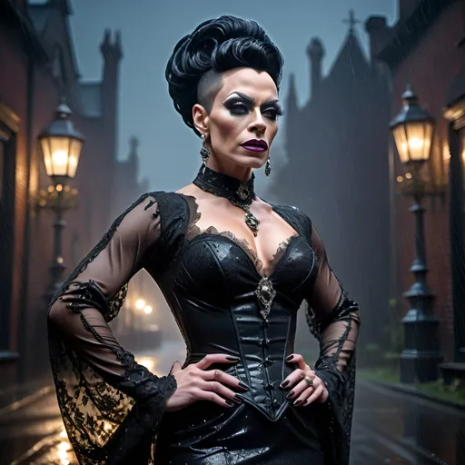 Prompt: Gorgeous muscular 35-year-old Victorian gothic drag queen (strong masculine jawline and brow) standing in the rain, full body, detailed lace gown, intricate jewelry, hauntingly beautiful, high quality, gothic, vintage, dramatic lighting, dark color tones