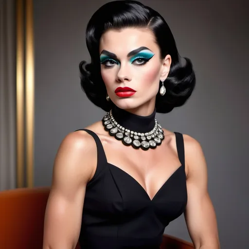 Prompt: Gorgeous muscular 25-year-old Czechian drag queen (strong masculine jawline and brow), Prada 1950s style elegant silhouette, classic tailored look, vibrant colors, rich textures, polished accessories, soft lighting, nostalgic ambiance, high-quality detail, reminiscent of mid-century fashion photography, chic black hairstyle, playful patterns, stylish footwear, retro elegance