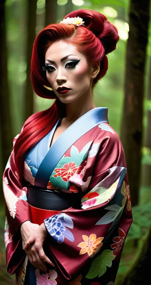 Prompt: Full body gorgeous ultra-muscular 25-year-old Japanese drag queen bodybuilder in a kimono, serene forest setting, traditional Japanese art style, long red hair, vibrant colors, detailed floral patterns, soft and natural lighting, detailed facial features, dark smoky eyeshadow, heavy mascara, dark red lipstick, peaceful atmosphere, high quality, traditional, serene forest, detailed kimono, vibrant colors, Japanese art style, 25-year-old, detailed facial features, natural lighting