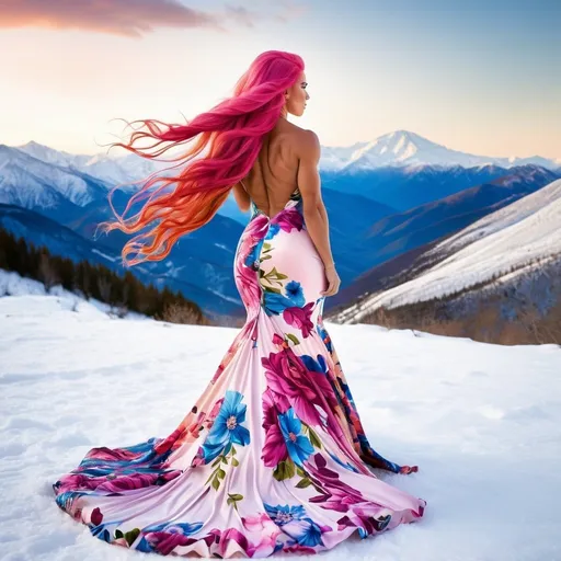 Prompt: Rear view of a gorgeous muscular 25 years old goddess bodybuilder with very long pink hair (((blowing in the wind))) in a very long flowing multicolored floral gown with a long train and looking out toward the snow covered mountain.