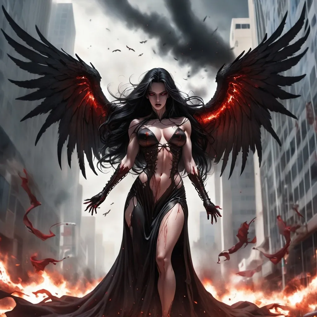 Prompt: Gorgeous, muscular, female, angel of death wearing dark and bloody robes. Ridiculously large wings. Ridiculously long flowing black hair. Flying over the streets of Los Angeles during Armageddon. 