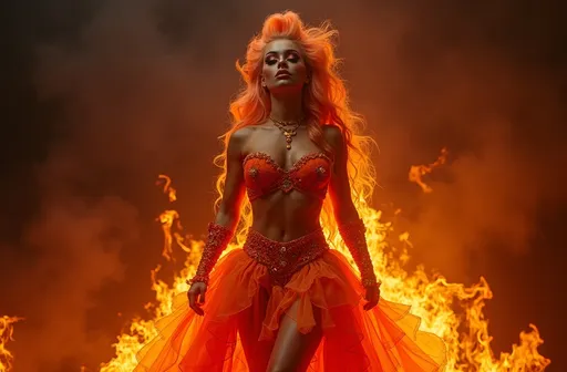 Prompt: Gorgeous muscular 35-year-old Czechian drag queen bodybuilder made of smoke and fire. Wearing a gown of lava.
