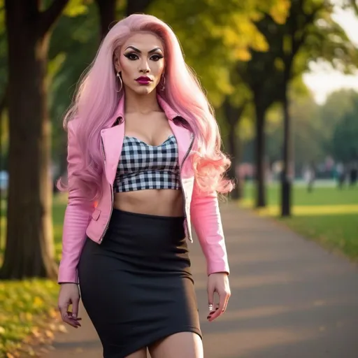 Prompt: A tall gorgeous ultra-muscular 25 years old Eurasian drag queen bodybuilder (very strong masculine jawline and brow features) very well endowed, extremely long wavy dark platinum pink hair, cute crop top with jacket and trendy checked knee-length pencil skirt, 8 inch stiletto high heel shoes, walking through the park at sunset.