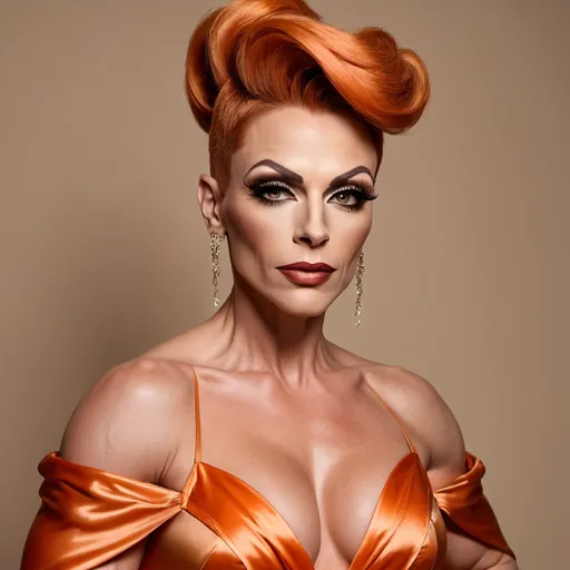 Prompt: The photo shows a gorgeous muscular 35-year-old Hungarian drag queen (masculine jawline and facial features) bodybuilder with large busom, dark orange updo hair, in a long, elegant gown. Here's a description:

The Gown: The dress is a floor-length A-line gown, featuring a beige or champagne-colored satin top with long, wide sleeves that extend almost to the floor, creating a cape-like effect. The skirt of the dress is adorned with a vibrant, artistic print depicting a landscape of teal and blue mountains in a style reminiscent of traditional Chinese ink wash painting. There are also what appear to be stylized Chinese seals or stamps incorporated into the design. The skirt has a subtle ruffled or tiered detailing at the hem. The neckline is high and closed, in a style similar to a mandarin collar.

The model: The model is poised and elegant, her hair neatly pulled back. She wears delicate earrings. She has dark eye makeup,  heavy mascara, and dark lipstick, which enhances her features.

The Setting: The background is a simple, dark red bubbles, which gives the gown and the model a striking contrast and prominence.
