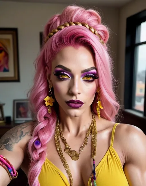 Prompt: A messy room in an apartment.
Age:18 Gorgeous ultra-muscular Polish drag queen bodybuilder, Bohemian Free-Spirit:

Dark eye makeup, dark lipstick, Long, loosely braided pink hair with small flowers woven into it.
Dangling gold earrings, colorful bracelets.
Wears a flowy, off-shoulder yellow peasant blouse, wide-leg patterned pants, and 8 inch stiletto heel sandals.