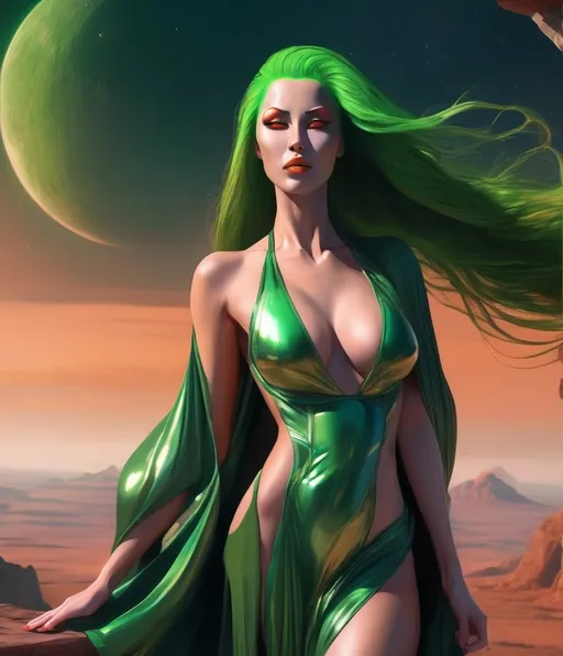 Prompt: Gorgeous ultra-muscular 25 year old orange skinned alien goddess with huge busom, long muscular legs and ridiculously long flowing green hair (((blowing in the wind))) celestial robes and 8 inch stiletto high heel boots looking out toward a fantastical celestial landscape