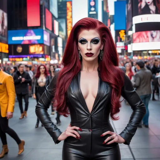 Prompt: Gorgeous masculine 25-year-old Czechian drag queen with long dark red hair wearing a combination of men's and women's clothes. 8 inch stiletto high heel shoes.  Dark eye makeup and dark lipstick.  Location: Time Square.